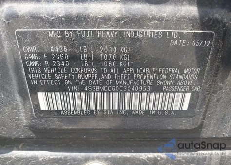 2012 Subaru Legacy 2.5I Premium from USA, damaged, VIN 4S3BMCC60C3040953